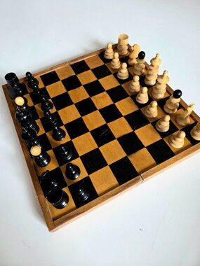 Vintage Wooden Chess Set with Folding Board. Full set. Vintage Board Games.